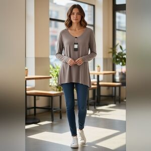 Mia Long Sleeve V-Neck Grey Cotton T-Shirt